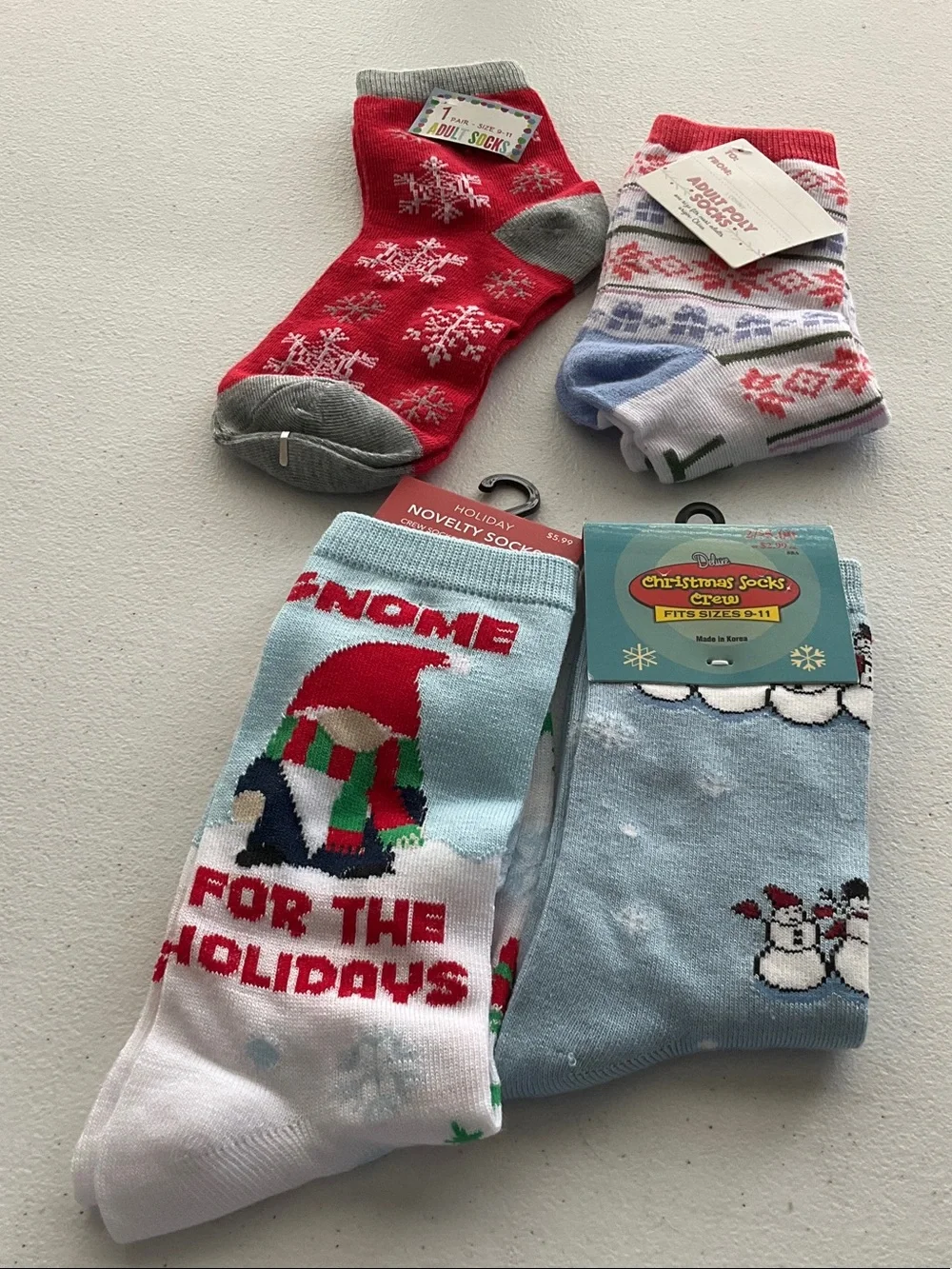 4-Prs Holiday Gnome & Snowman Crew Socks - Light Blue, Red, Gray, White